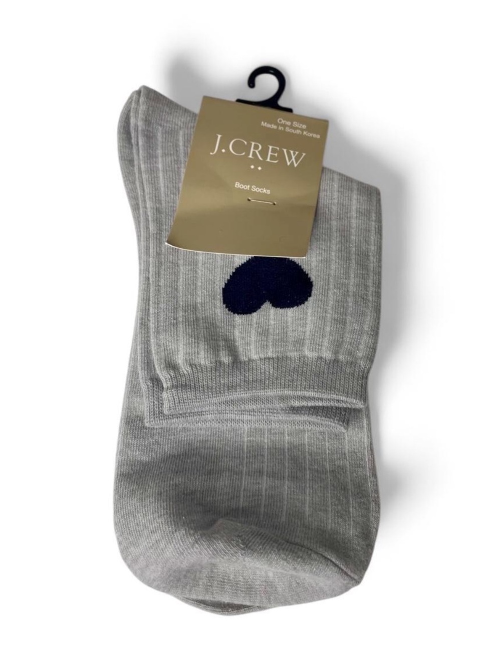 J. Crew Light Gray Boot Socks with Navy Heart Motif OS
